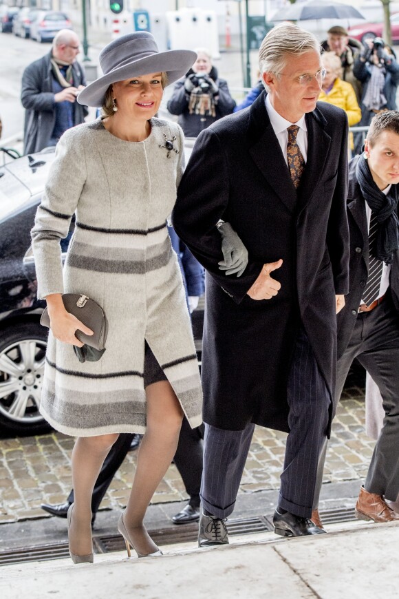 La reine Mathilde de Belgique, König Philippe - Arrivées de la famille royale de Belgique lors de la cérémonie de l'Eucharistie en mémoire des membres défunts de la famille royale à Bruxelles. Le 17 février 2017