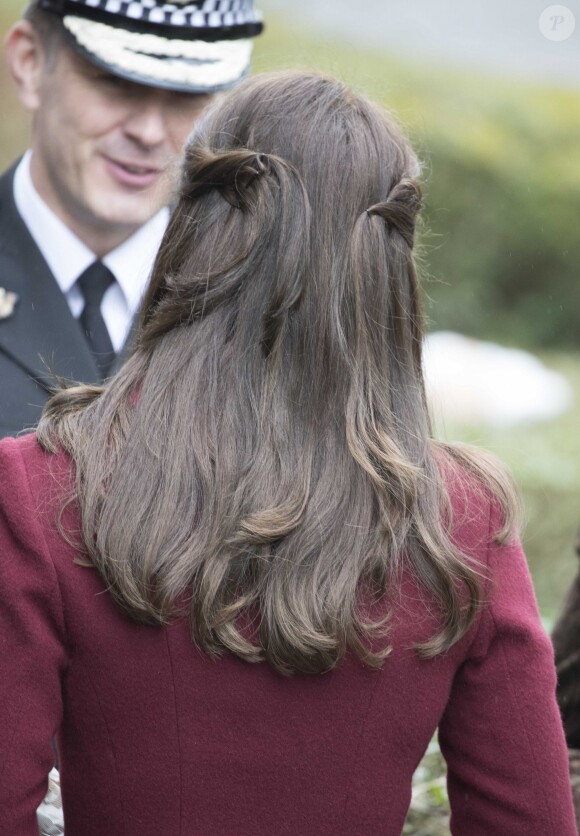 Détail de la coiffure de Kate Middleton. La duchesse de Cambridge était en visite au Pays de Galles le 22 février 2017 pour son premier engagement en tant que marraine de l'association Action for Children, rôle qu'elle a hérité en décembre 2016 de la reine Elizabeth II.