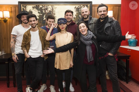 Exclusif - Yoann, Florentin (Flo) et Jérôme du groupe Arcadian, Joyce Jonathan, Louka, Victoria, David Ban et Damien Sargue (Les 3 Mousquetaires) avant le concert MFM Radio Live, place de la République à Lyon, le 3 mars 2017.