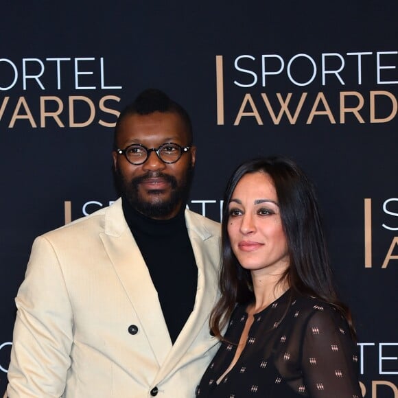 Djibril Cissé et sa compagne Marie-Cécile Lenzini - Cérémonie des Sportel Awards qui récompense les plus vidéos de sport et les plus beaux ouvrages illustrés par le sport, à Monaco, le 25 octobre 2016.