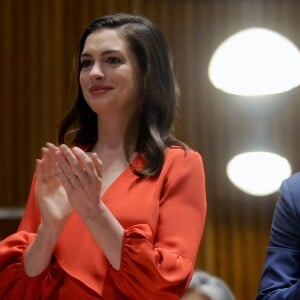 Anne Hathaway lors d'une conférence de presse de l'ONU Women à New York le 8 mars 2017.