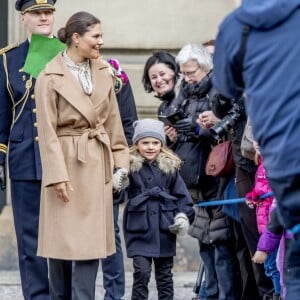 Céremonie en l'honneur de la princesse Victoria de Suède le jour de la Sainte Victoria au palais Royal en présence de son mari le prince Daniel de Suède et leurs enfants le prince Oscar et la princesse Estelle à Stockholm le 12 mars 2017