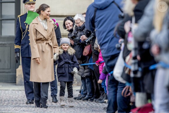 Céremonie en l'honneur de la princesse Victoria de Suède le jour de la Sainte Victoria au palais Royal en présence de son mari le prince Daniel de Suède et leurs enfants le prince Oscar et la princesse Estelle à Stockholm le 12 mars 2017