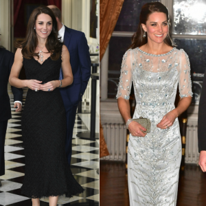 La duchesse Catherine de Cambridge a brillé dans deux robes, l'une (à gauche) signée Alexander McQueen, l'autre (à droite) Jenny Packham, lors de la réception et du dîner organisés à l'ambassade de Grande-Bretagne à Paris le 17 mars 2017 en l'honneur de l'amitié franco-britannique dans le cadre de sa visite officielle de deux jours avec le prince William. Photomontage Purepeople.