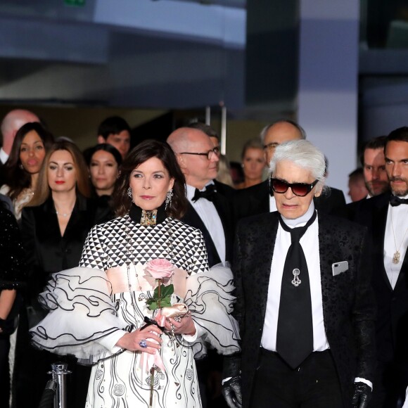 La princesse Caroline de Hanovre et Karl Lagerfeld - 63ème Bal de la Rose sur le thème de la Sécession Viennoise, imaginé par K.Lagerfeld au profit de la Fondation Princesse Grace dans la Salle des Etoiles au Sporting Monte Carlo à Monaco, le 18 mars 2017. © Dominique Jacovides/Bestimage