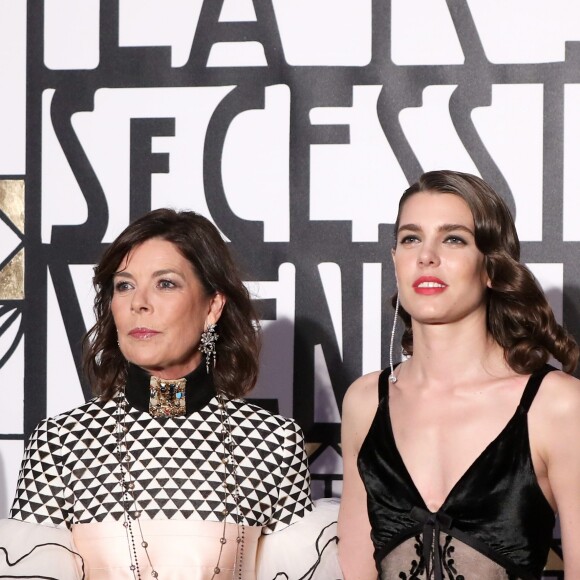 La princesse Caroline de Hanovre et sa fille Charlotte Casiraghi - 63ème Bal de la Rose sur le thème de la Sécession Viennoise, imaginé par K.Lagerfeld au profit de la Fondation Princesse Grace dans la Salle des Etoiles au Sporting Monte Carlo à Monaco, le 18 mars 2017. © Dominique Jacovides/Bestimage