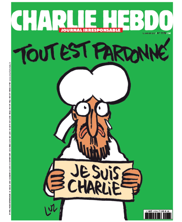 Couverture du journal "Charlie Hebdo" numéro 1178, préparé par les rescapés de l'attaque sanglante contre le journal satirique, sorti le 14 janvier 2015. Surnommé "numéro des survivants", il a été publié à près de 8 millions d'exemplaires