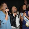 Camille Cerf (Miss France 2015), Sylvie Tellier, Alicia Aylies (Miss France 2017) et Marine Lorphelin (Miss France 2013) - Alicia Aylies (Miss France 2017) fête ses 19 ans au BAM Karaoke Box Richer à Paris le 18 avril 2017.