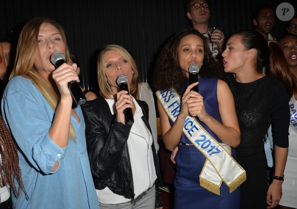 Camille Cerf (Miss France 2015), Sylvie Tellier, Alicia Aylies (Miss France 2017) et Marine Lorphelin (Miss France 2013) - Alicia Aylies (Miss France 2017) fête ses 19 ans au BAM Karaoke Box Richer à Paris le 18 avril 2017.