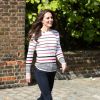 Kate Middleton, duchesse de Cambridge, recevait le 19 avril 2017 au palais de Kensington les coureurs de l'équipe Heads Together qui disputeront le 23 avril le marathon de Londres pour aider l'organisation dans son combat pour faire tomber le tabou de la santé mentale.