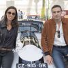 Exclusif - Anthony Delon pose avec Corentine, la femme de Samuel Lecomte qui pilotera la Jaguar Type E de 1962, lors de la 26ème édition du Tour Auto au Grand Palais à Paris, le 24 avril 2017. Il est venu à cet événement où 2 voitures, une Jaguar type E 1962 et une Alpine Renault de 1964 portent les couleurs de sa nouvelle collection de vêtements en cuir "Anthony Delon 1985". © Pierre Perusseau/Bestimage