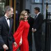 La reine Letizia d'Espagne quitte son hôtel à La Haye, pour une soirée privée pour le cinquantième anniversaire du roi Willem-Alexander des Pays-Bas, le 29 avril 2017