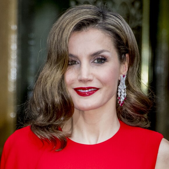 La reine Letizia d'Espagne quitte son hôtel à La Haye, pour une soirée privée pour le cinquantième anniversaire du roi Willem-Alexander des Pays-Bas, le 29 avril 2017