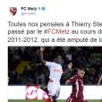 Le FC Metz annonce l'amputation de Thierry Steimetz sur son compte Twitter le 3 mai 2017.