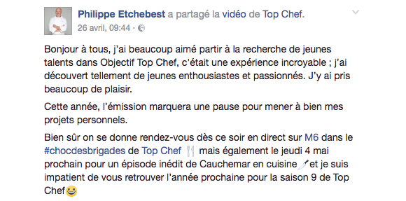 Philippe Etchebest explique pourquoi il arrête pour le moment la présentation d'"Objectif Top Chef". Mai 2017.