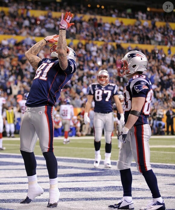 Aaron Hernandez lors du match de NFL New England Patriots - New York Giants au Super Bowl XLVI. Indianapolis, Indiana, février 2012.