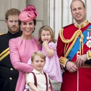 Le prince Harry avec le prince William, la duchesse Catherine de Cambridge et leurs enfants George et Charlotte lors de la parade "Trooping the colour" à Londres le 17 juin 2017.