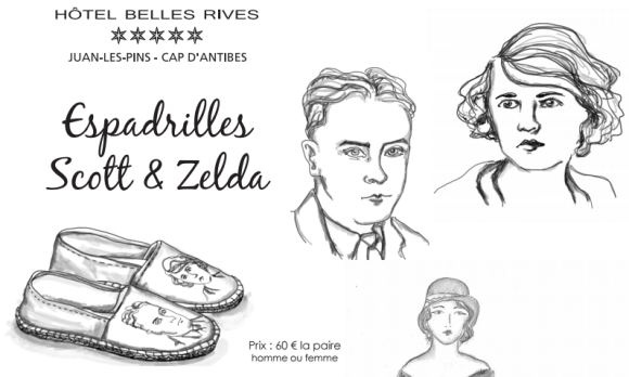 Zoom sur les espadrilles Scott & Zelda (portées ici le 15 juin 2017 par Frédéric Beigbeder) créées par la jeune styliste Rebecca Desbordes en collaboration avec 1789 Cala Côte d'Azur, en exclusivité pour l'Hôtel Belles Rives à Juan-les-Pins.