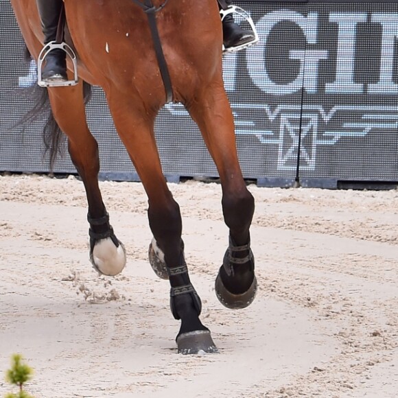 Matilde Borromeo en selle sous le regard de la princesse Caroline de Hanovre, qui porte son petit-fils Stefano Casiraghi, d'Alexandra de Hanovre et de Beatrice Borromeo, mère de Stefano lors du Jumping international de Monte-Carlo, étape du Longines Global Champions Tour, le 23 juin 2017 à Monaco. © Bruno Bebert / Bestimage