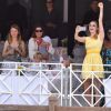 Matilde Borromeoà cheval devant Alexandra de Hanovre, la princesse Caroline de Hanovre avec son petit-fils Stefano dans le porte-bébé et le jeune prince Karl Egon von Fürstenberg devant elle, Beatrice Borromeo (soeur de Matilde et mère de Stefano), lors du Jumping international de Monte-Carlo, étape du Longines Global Champions Tour, le 23 juin 2017 à Monaco. © Bruno Bebert / Bestimage