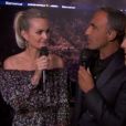 Laeticia Hallyday avec Nikos Aliagas et Thomas Dutronc avant le concert des Vieilles Canailles à  l'AccorHotels Arena de Paris,  diffusé en direct sur TF1 le 24 juin 2017.