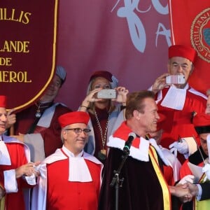 Arnold Schwarzenegger et sa compagne Heather Millligan sont cette année les invités exceptionnels de la seconde édition de" Libourne fête le vin". À cette occasion l'acteur, passionné de vins Français a été intronisé par la commanderie des vins de Bordeaux et nommé grand maitre et ambassadeur des célèbres vins Bordelais. Le 25 Juin 2017 à Libourne.