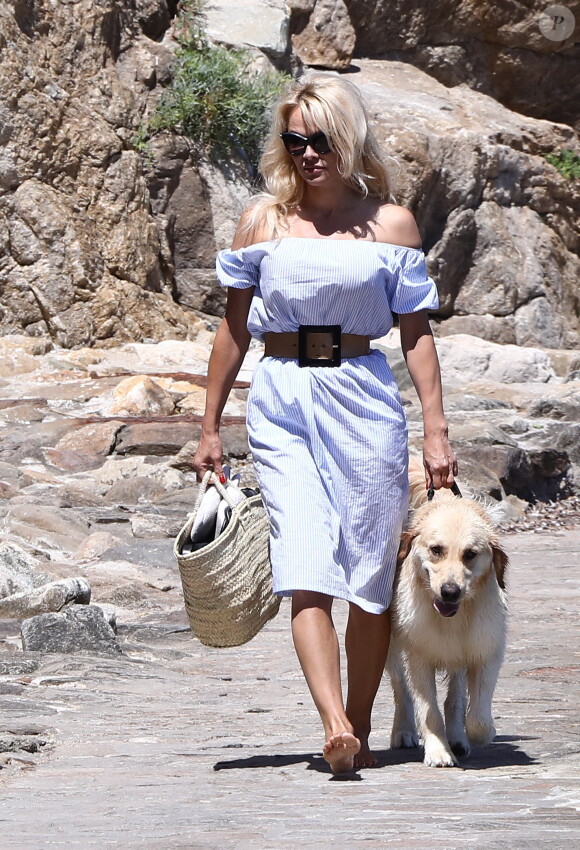 Pamela Anderson se promène avec son fils Dylan Jagger Lee et son chien Zoubisoubisou sur le port de Saint-Tropez le 29 juin 2017.
