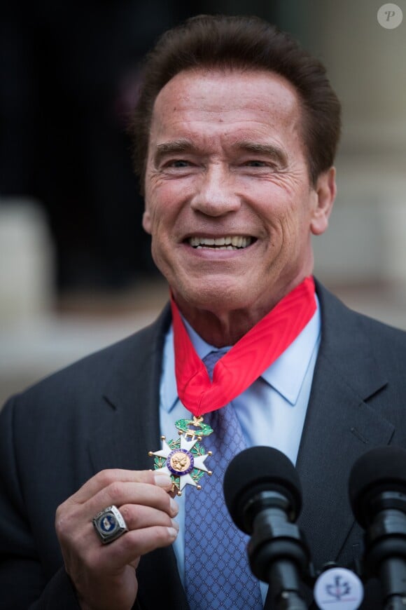 François Hollande remet les insignes de la légion d'honneur à Arnold Schwarzenegger pour son engagement en faveur de l'environnement au palais de l'Elysée à Paris le 28 avril 2017. © Cyril Moreau / Bestimage