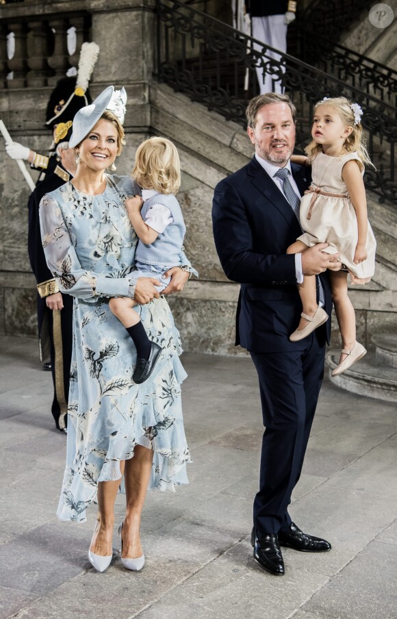 La princesse Madeleine de Suède et Christopher O'Neill avec leurs enfants la princesse Leonore et le prince Nicolas lors de la messe célébrée à l'occasion du 40e anniversaire de la princesse Victoria de Suède au palais royal à Stockholm le 14 juillet 2017.