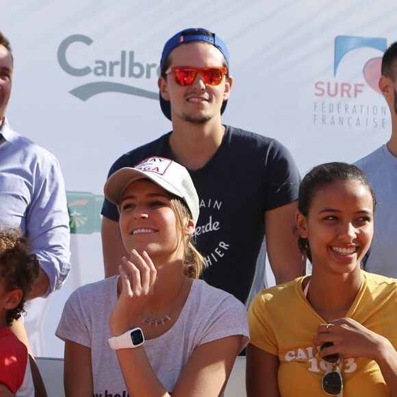 Chloé Mortaud (miss France 2009) et son compagnon Romain Thievin, Laury Thilleman (miss France 2011) et son compagnon Juan Arbelaez et Flora Coquerel (miss France 2014) et son compagnon Ugo Ciulla à la Summer Cup 2016 à La Baule le 8 juillet 2016. © Laetitia Notarianni / Bestimage