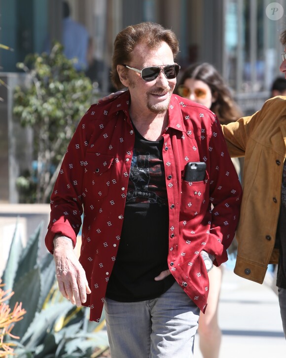 Johnny Hallyday avec sa femme Laeticia, leurs filles Jade et Joy, Marie Poniatowski avec son mari Pierre Rambaldi et leur fille Tess, à Santa Monica, le 1er avril 2017.