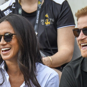 Première apparition officielle du prince Harry et sa compagne Meghan Markle dans les tribunes de la finale de tennis à la troisième édition des Invictus Games à Toronto, Ontario, Canada, le 25 septembre 2017.