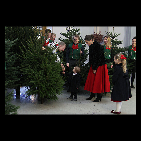 La princesse Victoria de Suède a réceptionné avec l'aide de ses enfants la princesse Estelle et le prince Oscar les sapins de Noël livrés par des étudiants de l'Université des sciences agricoles pour le palais royal, le 14 décembre 2017 à Stockholm. © Henrik Garlöv / Cour royale de Suède