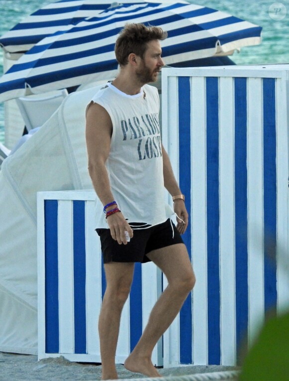 Exclusif -  David Guetta et sa compagne Jessica Ledon profitent de la plage avec leurs amis lors de leurs vacances de Noël à Miami. Le 27 décembre 2017