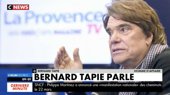 Bernard Tapie donne des nouvelles de sa santé en direct sur le plateau de L'Heure des pros (CNEWS), le 16 février 2018.
