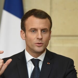 Conférence de presse commune du président Emmanuel Macron et de George Weah, président du Libéria au palais de l'Elysée à Paris le 21 février 2018. © Christian Liewig / Pool / Bestimage