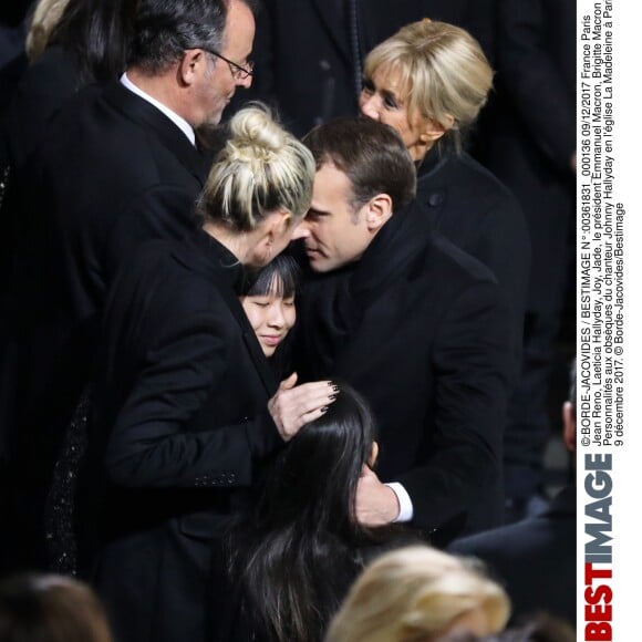 Exclusif - Jean Reno, Laeticia Hallyday, Joy, Jade, le président Emmanuel Macron, Brigitte Macron - Personnalités aux obsèques du chanteur Johnny Hallyday en l\'église La Madeleine à Paris, France, le 9 décembre 2017. © Borde-Jacovides/Bestimage