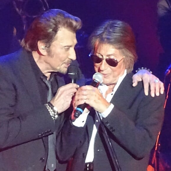 Johnny Hallyday et Jacques Dutronc au Premier concert "Les Vieilles Canailles" au POPB de Paris-Bercy à Paris, du 5 au 10 novembre 2014.