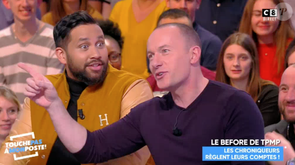 Cyril Hanouna recadré par Pascal Soetens dans "Touche pas à mon poste" sur C8. Le 28 février 2018. L'animateur s'est moqué du fils de l'éducateur sans connaître leur lien de parenté.