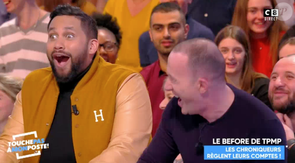 Cyril Hanouna recadré par Pascal Soetens dans "Touche pas à mon poste" sur C8. Le 28 février 2018. L'animateur s'est moqué du fils de l'éducateur sans connaître leur lien de parenté.