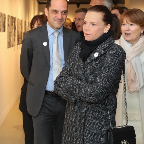 Exclusif - La princesse Stéphanie de Monaco visite l'exposition pour le 70 ème anniversaire de la Croix-Rouge Monégasque le 13 février 2018 en présence de Frederic Platini, secrétaire général de la Croix-Rouge Monégasque et d'autres membres de la Croix-Rouge © Olivier Huitel / Pool restreint Monaco / Bestimage