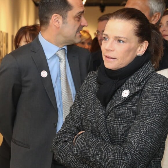 Exclusif - La princesse Stéphanie de Monaco visite l'exposition pour le 70 ème anniversaire de la Croix-Rouge Monégasque le 13 février 2018 en présence de Frederic Platini, secrétaire général de la Croix-Rouge Monégasque et d'autres membres de la Croix-Rouge © Olivier Huitel / Pool restreint Monaco / Bestimage