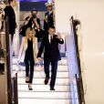 Le président Emmanuel Macron, La première dame Brigitte Macron lors de l'arrivée du couple présidentiel français à l'aéroport militaire de Delhi le 9 mars 2018. Le président français et son épouse sont en voyage officiel en Inde pour 3 jours. © Dominique Jacovides / Bestimage
