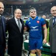 Edouard Philippe, Premier ministre, le prince Albert II de Monaco, Guilhem Guirado et Bernard Laporte, président de la Fédération française de Rugby à XV - Célébrités lors du tournoi des six nations de rugby, la France contre l'Angleterre au Stade de France à Saint-Denis, Seine Saint-Denis, France, le 10 mars 2018. Les Bleus s'imposent 22-16. © Cyril Moreau/Bestimage
