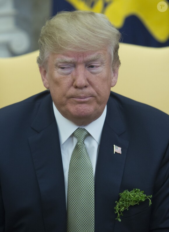 Le président des Etats-Unis Donald Trump reçoit Leo Varadkar, premier ministre d'Irlande, à la Maison Blanche à Washington le 15 mars 2018. Pour l'occasion, les deux hommes portaient un bouquet de trèfles dans la pochette de la veste. 