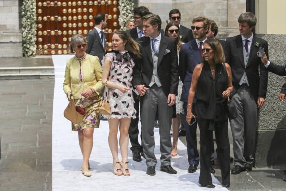 La princesse Alexandra de Hanovre et son compagnon Ben-Sylvester Strautmann, Pierre Casiraghi et le prince Ernst August de Hanovre au mariage religieux du prince Christian de Hanovre et d'Alessandra de Osma le 16 mars 2018 à Lima au Pérou.