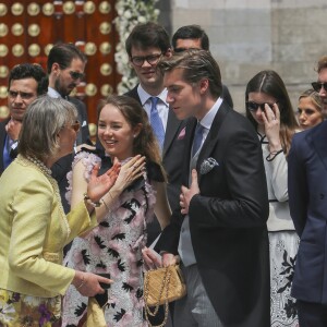 La princesse Alexandra de Hanovre avec son compagnon Ben-Sylvester Strautmann et son frère Pierre Casiraghi (à droite) au mariage religieux du prince Christian de Hanovre et d'Alessandra de Osma le 16 mars 2018 à Lima au Pérou.