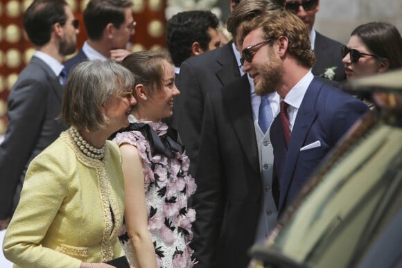 La princesse Alexandra de Hanovre et son demi-frère Pierre Casiraghi au mariage religieux du prince Christian de Hanovre et d'Alessandra de Osma le 16 mars 2018 à Lima au Pérou.