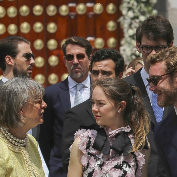 La princesse Alexandra de Hanovre et son compagnon Ben-Sylvester Strautmann derrière son demi-frère Pierre Casiraghi au mariage religieux du prince Christian de Hanovre et d'Alessandra de Osma le 16 mars 2018 à Lima au Pérou.