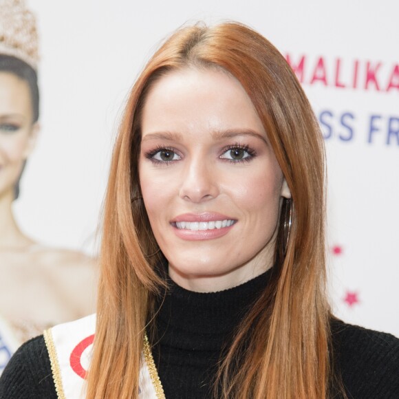 Maëva Coucke (Miss France 2018) - Miss France 2018, Miss France 2015, Miss France 2014, Miss France 2013 et Miss France 2010 participent à la course "Le Défi des Miss" lors du Grand Prix de France à Vincennes Hippodrome de Paris, France, le 11 février 2018. © Pierre Perusseau/Bestimage